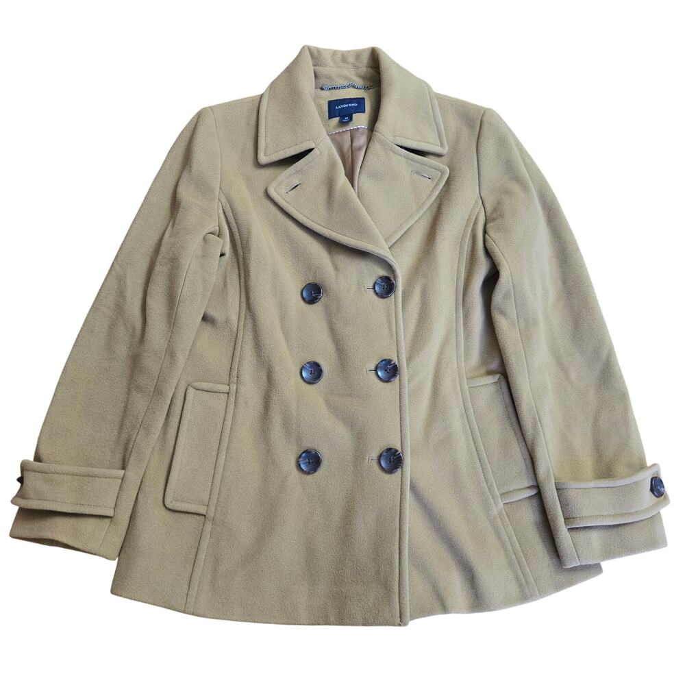 Lands’ End Womens Camel Classic Wool Cashmere Blend Double Breasted Pea Coat 10